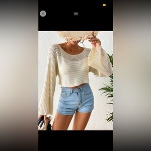 SHEIN Boat Neck Batwing Sleeve Pointelle Knit Sweater